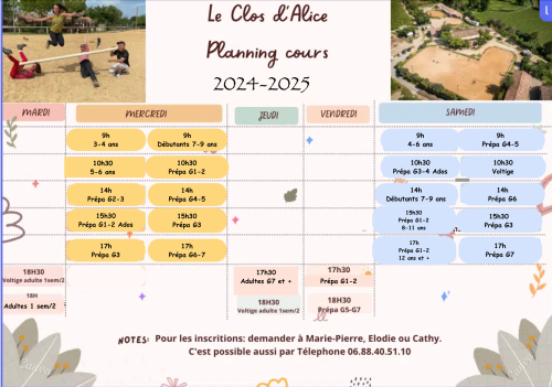 Planning Cours Centre Equestre Hérault proche St Guilhem Le Désert